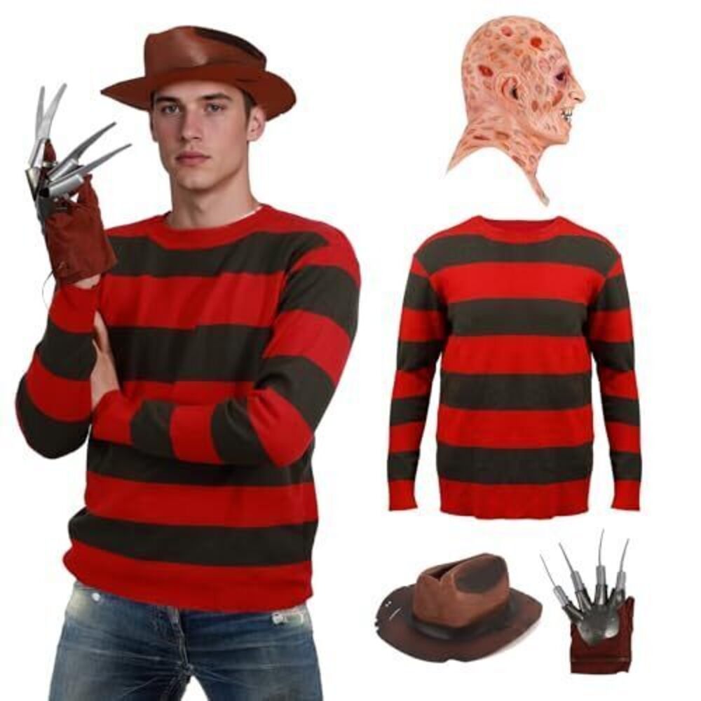7834 4PCS Freddy Krueger Costume Halloween Costume Red and Green Striped